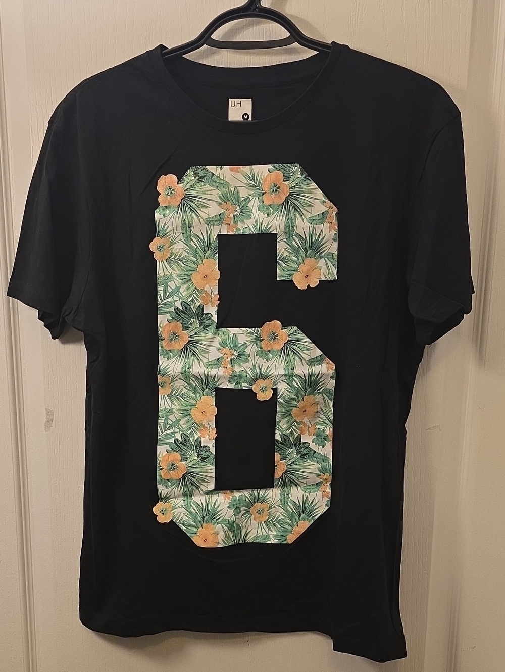 Urban Heritage Black T-Shirt with Green Tropical Floral '6' Graphic